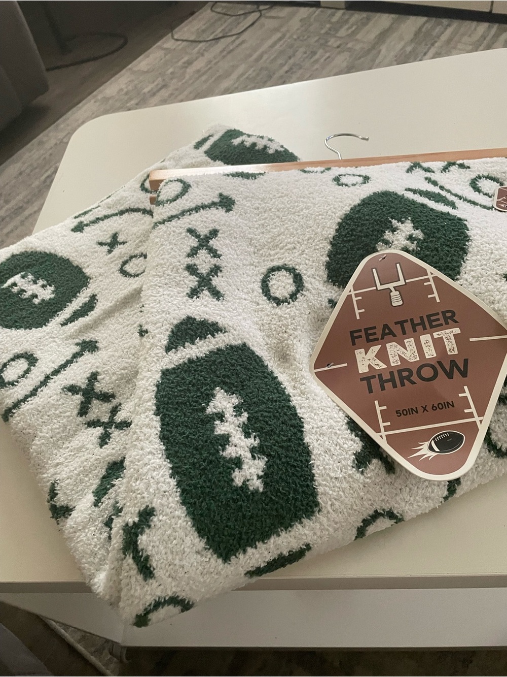 Knitted Football Play Diagram Throw Blanket 50x60 White & Green Sports